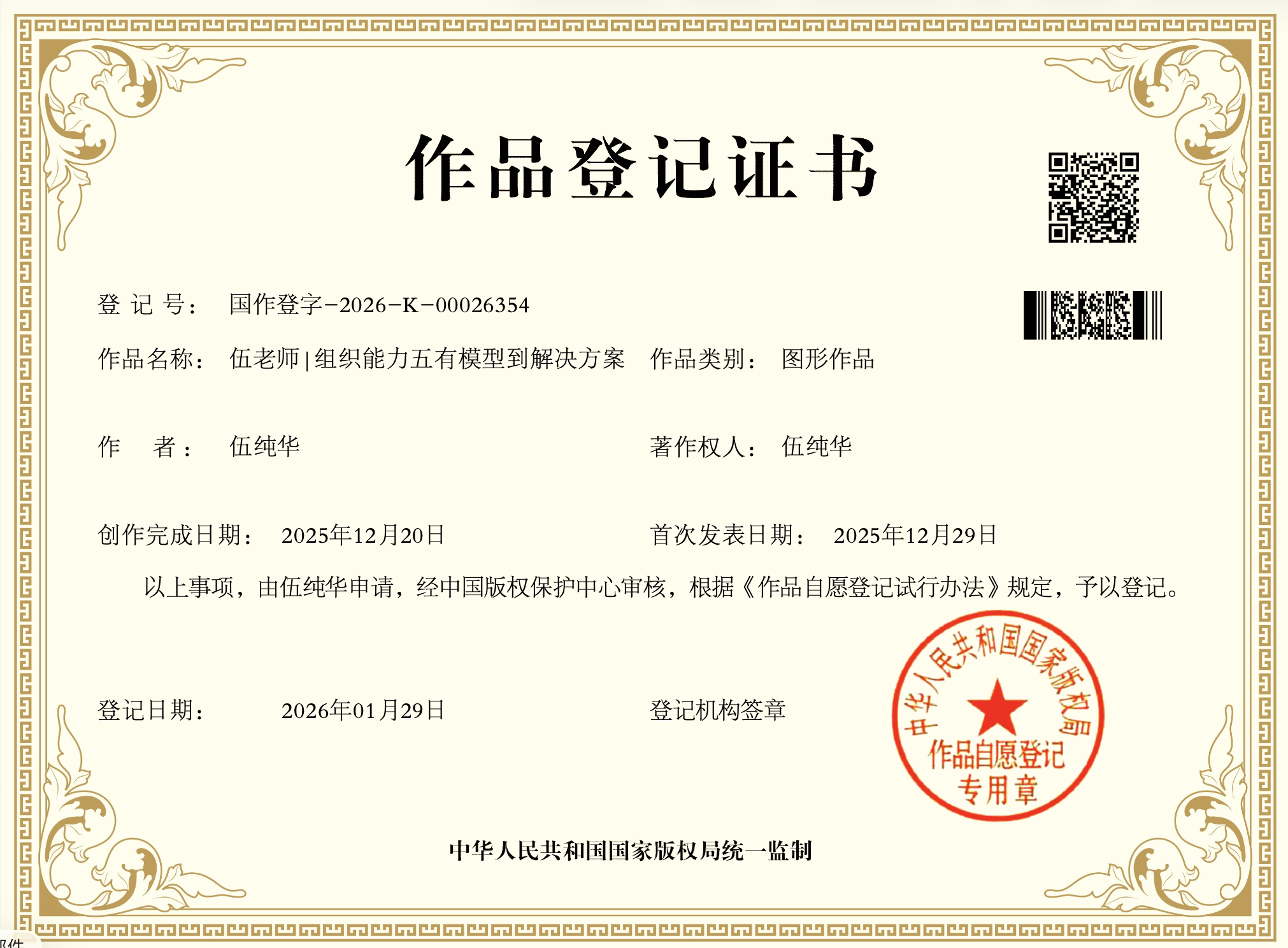 伍纯华五有组织模型相关作品登记证书原图